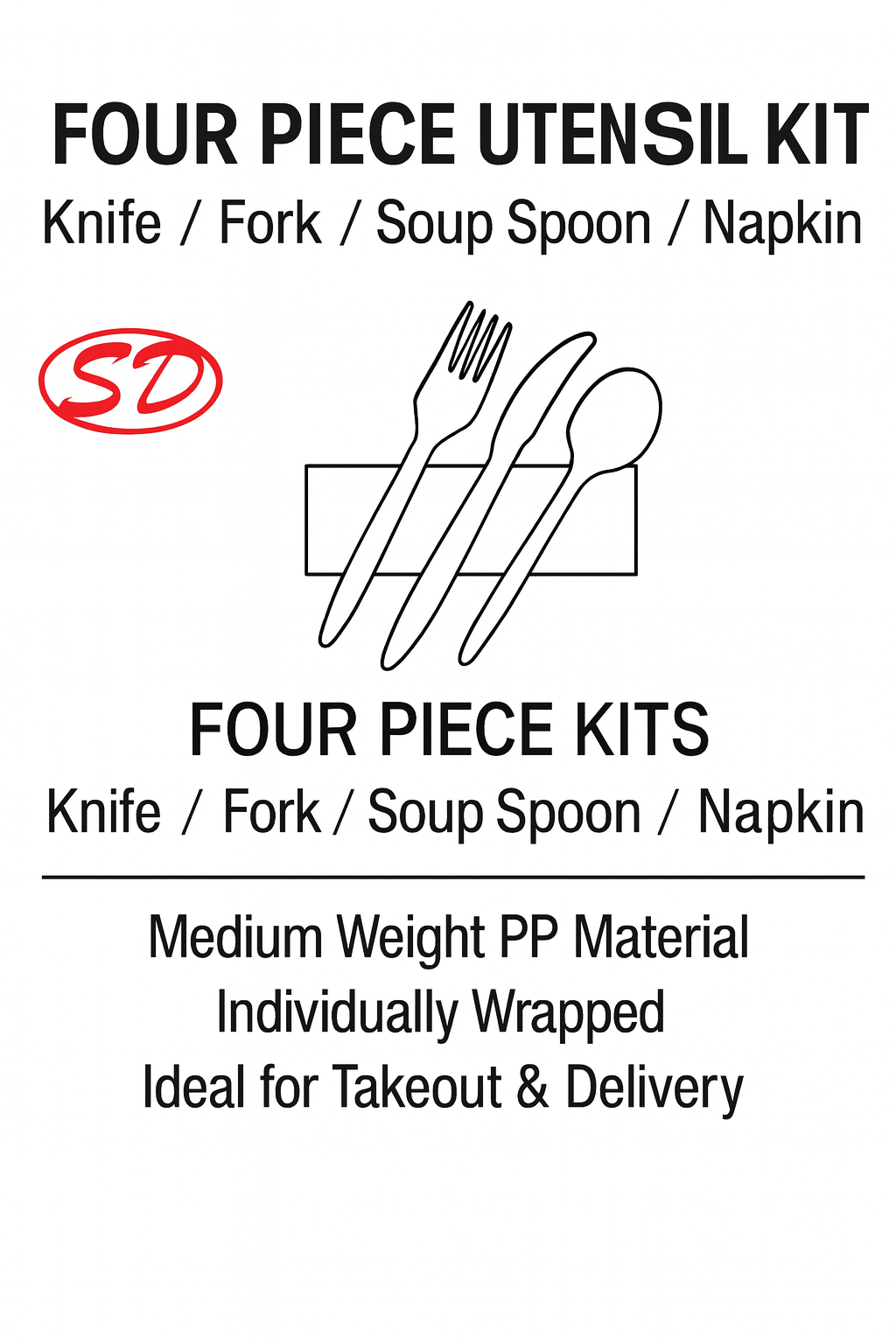 FOUR PIECE UTENSIL KIT Knife / Fork / Soup Spoon / Napkin