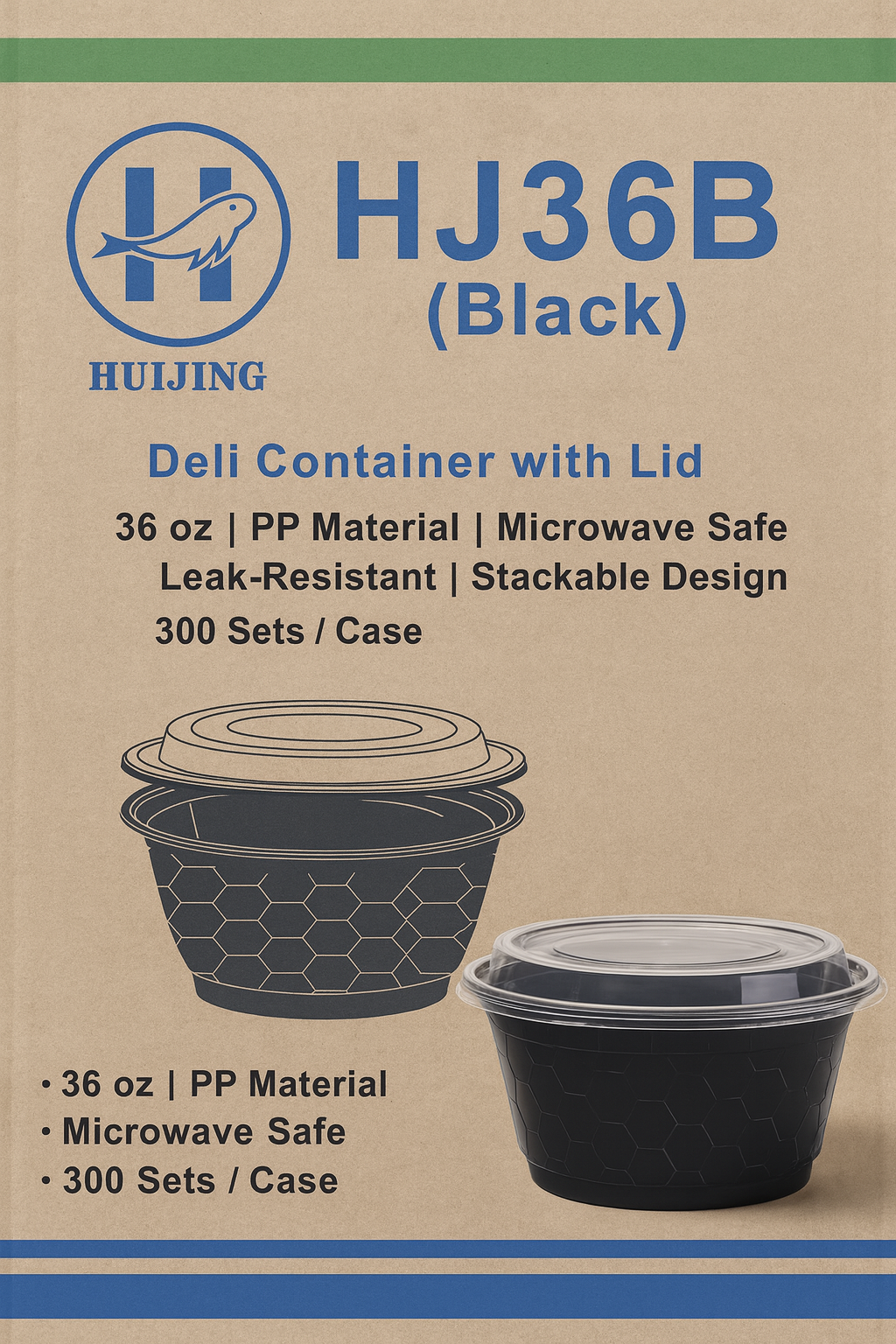HJ36B (Black or White) Deli Container Specifications: 36 oz, PP Quantity: 150 Sets